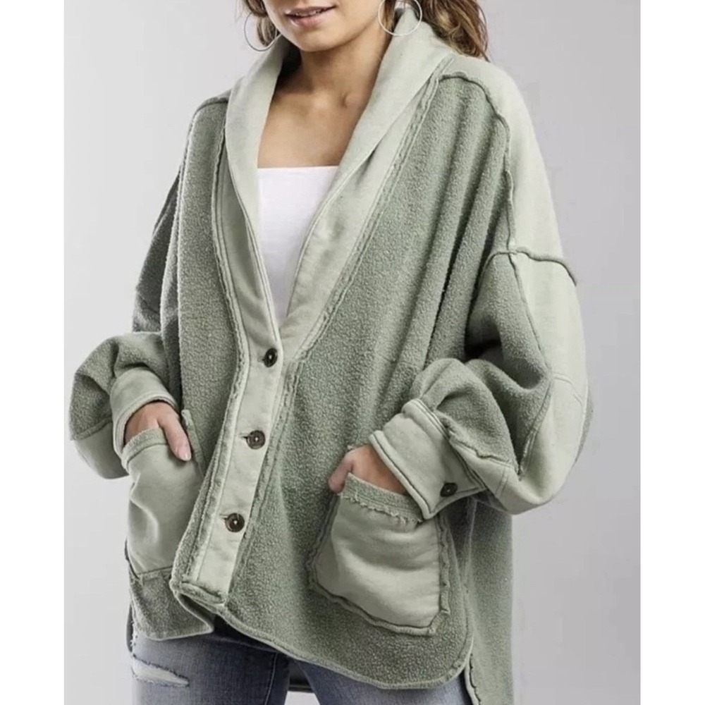Free People Women's Small Jordan Fleece Shacket Oversized Sage Green Button Down
